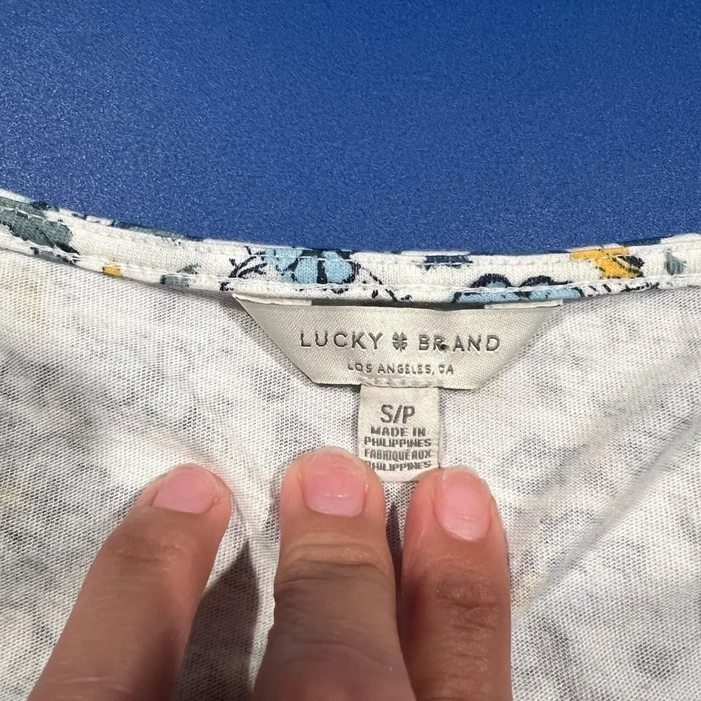 Lucky Brand Size S White Blue Gold Floral Square Neck Long Sleeve Peasant Top